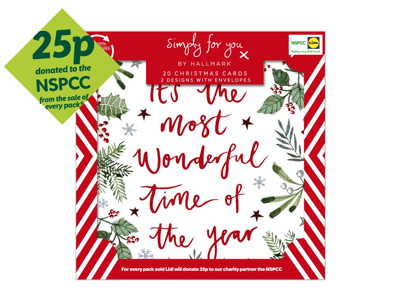 Lidl Christmas cards by Hallmark, donating 25p to NSPCC, featuring festive foliage and text 'It's the Most Wonderful time of the year'.