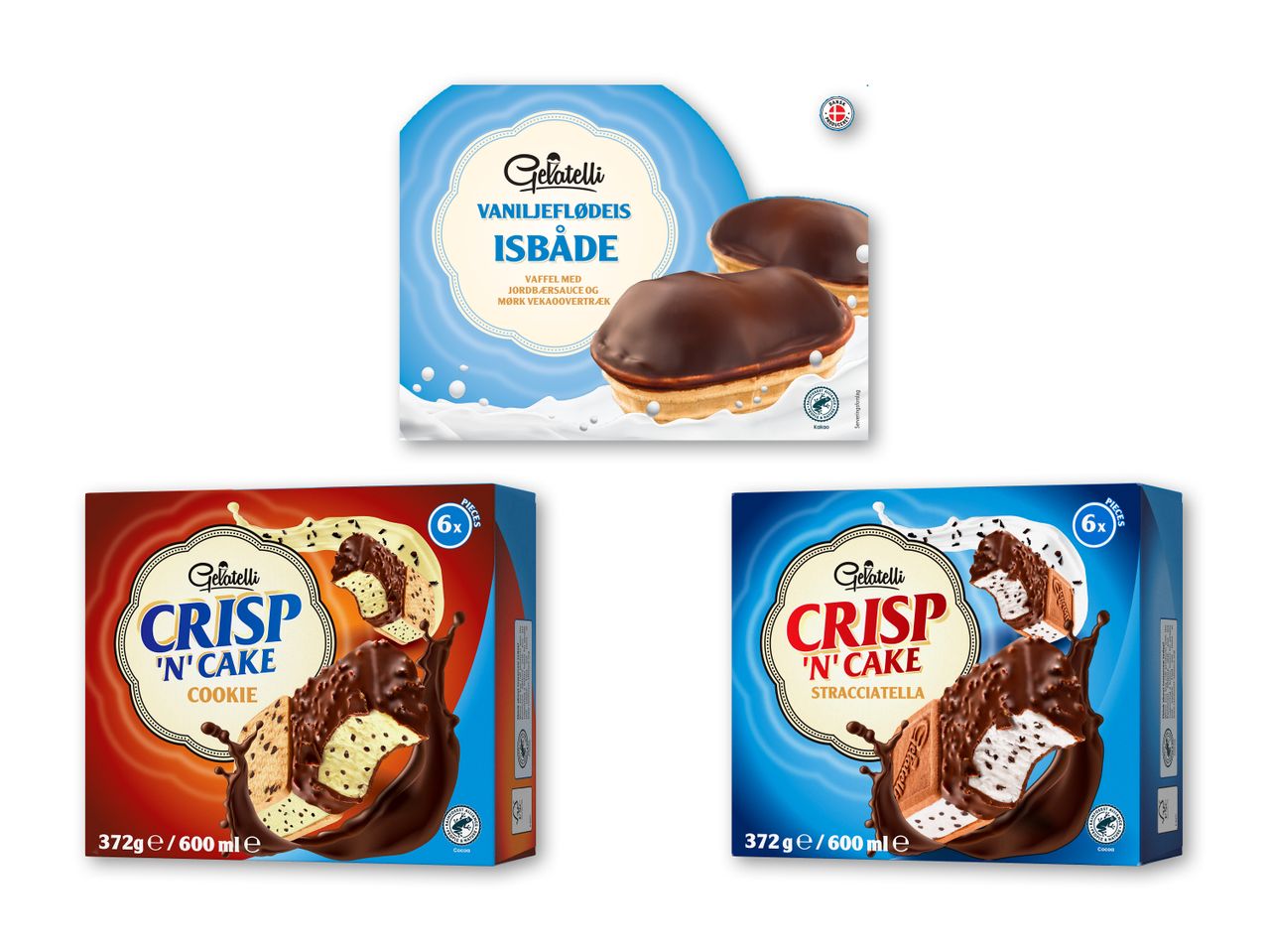 Tre pakker is: en med vaniljeisbåde og to med is-sandwich i smagene cookie og stracciatella.