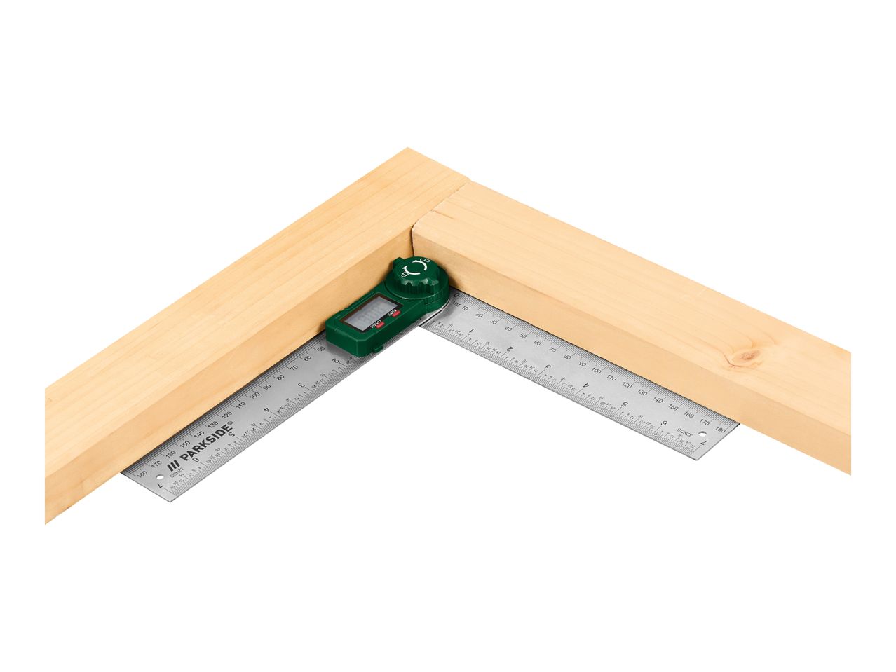 Digital angle finder and ruler measuring a wooden corner