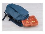 Blue backpack with an orange lunch bag featuring animal illustrations.