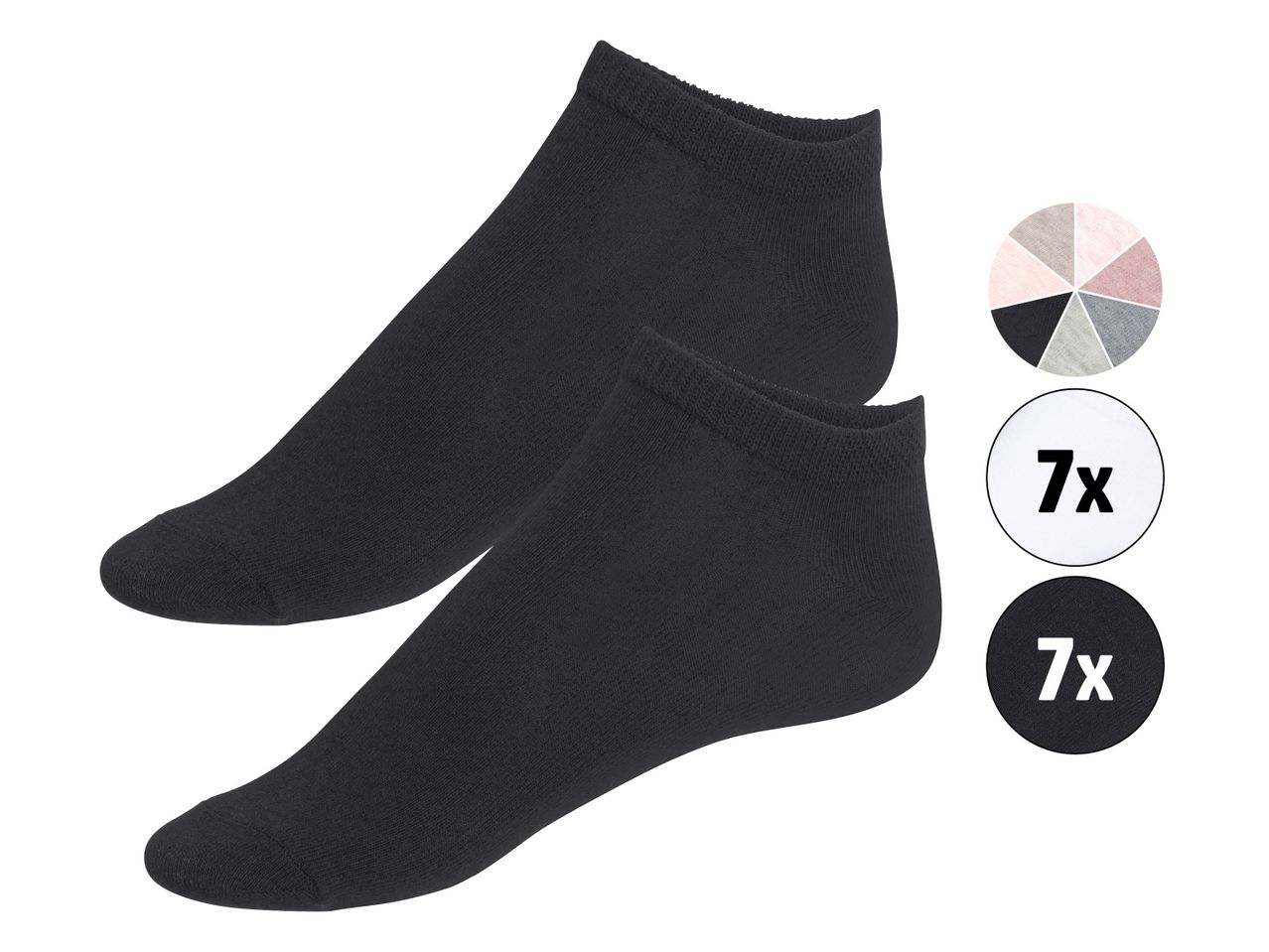 Seven pairs of black and assorted color ankle socks.