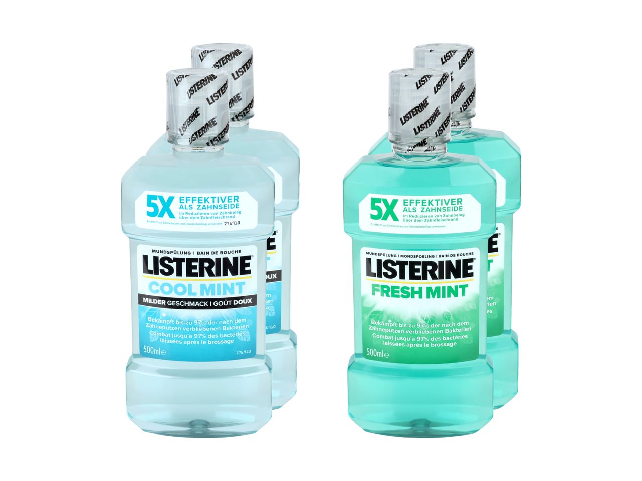 Zwei Packungen Listerine Mundspülung, eine mit Cool Mint, die andere mit Fresh Mint.