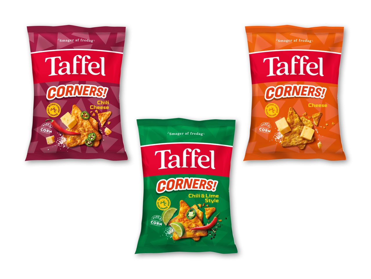 Tre poser majschips med smag af chiliost, ost og chili & lime.