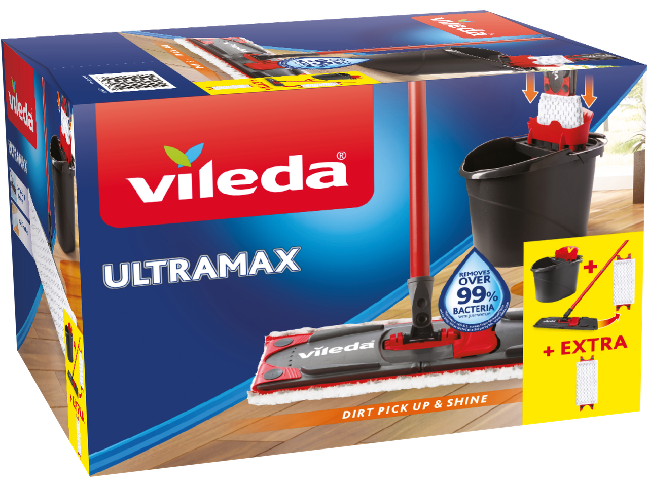 Vileda Ultramax Mop and Bucket Set with extra mop head, removes over 99% bacteria.