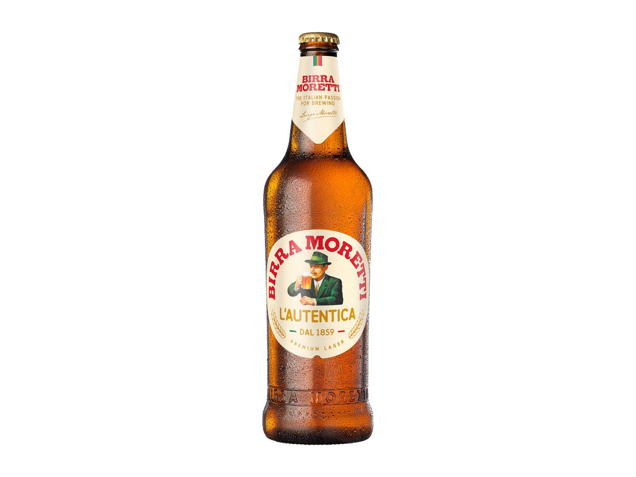 Sticla de bere Birra Moretti L'Autentica, bere italiană premium.