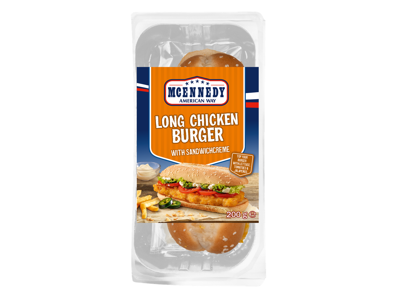 McKennedy: Long Chicken Burger, kipburger in verpakking.