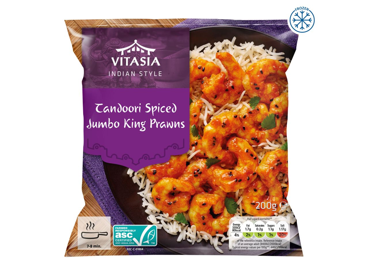 Vitasia Indian Style Tandoori Spiced Jumbo King Prawns (200g), frozen.