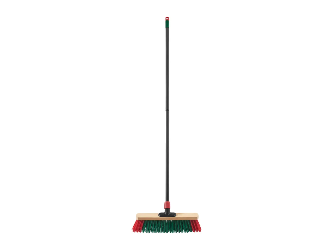 Floor brush with red and green bristles and a black handle.