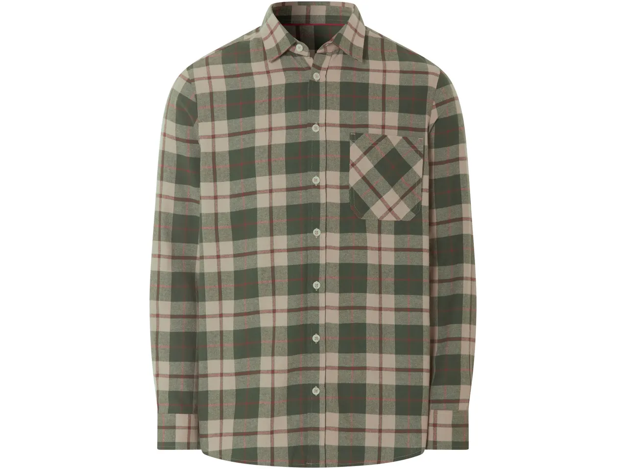 Camicia a quadri verde e beige con taschino sul petto.