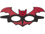 Black and red felt bat mask with a smiling devil face
