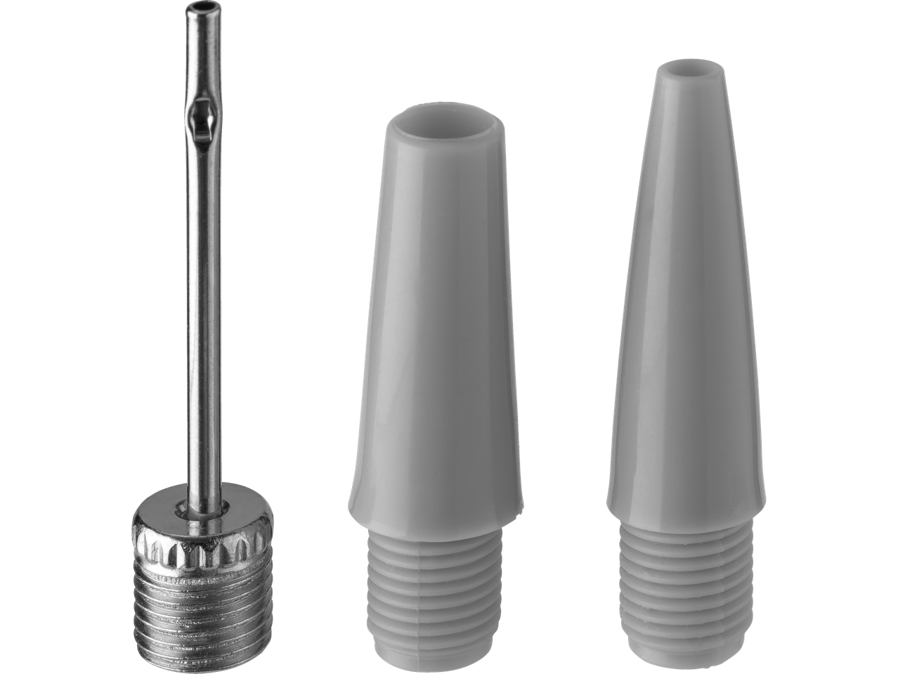 Trei accesorii pentru umflarea mingilor: o supapă metalică și două supape din plastic.
