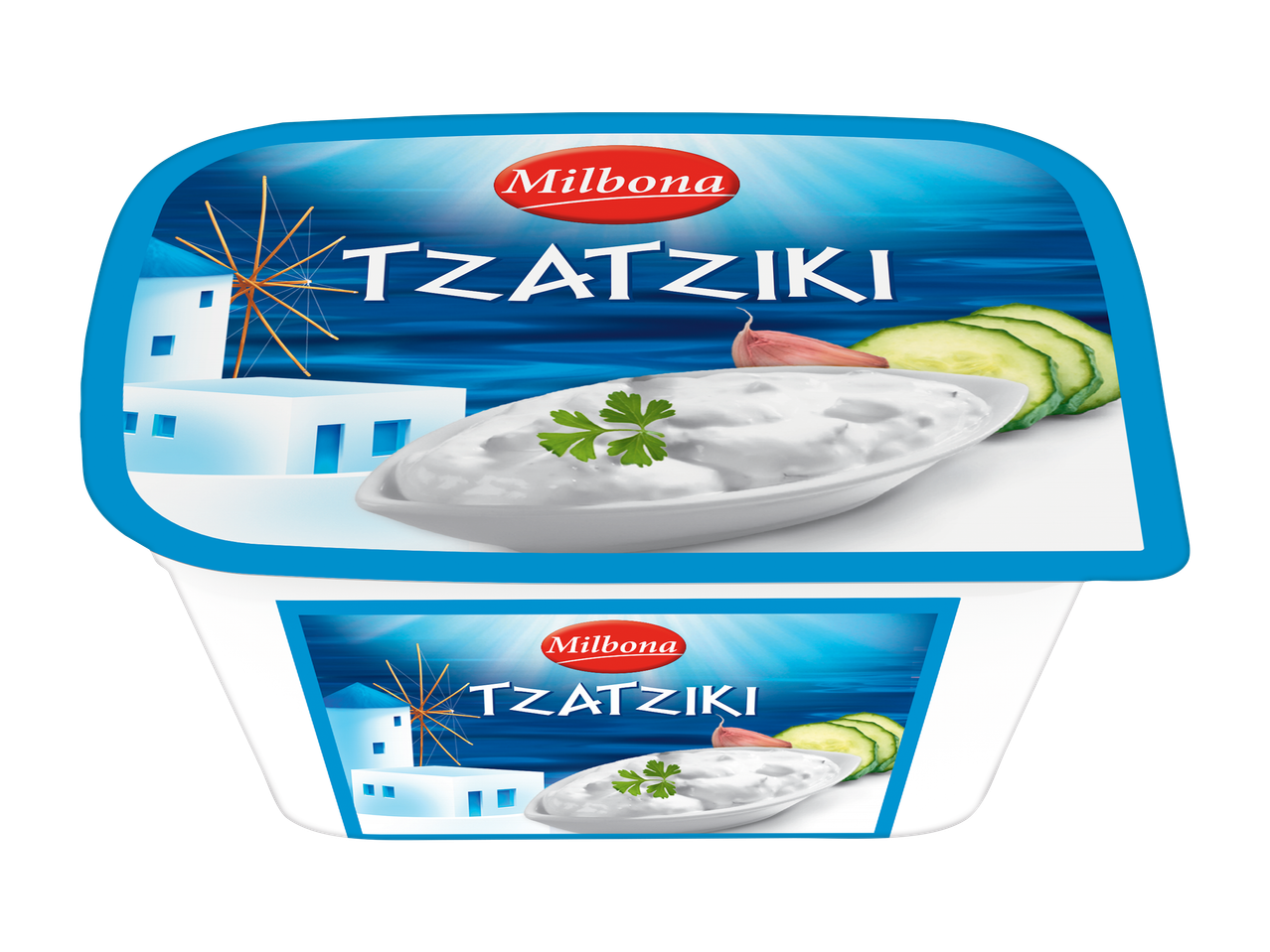 Tzatziki-pakkaus, jossa on kreikkalainen mylly ja valkosipulia sekä kurkkua.
