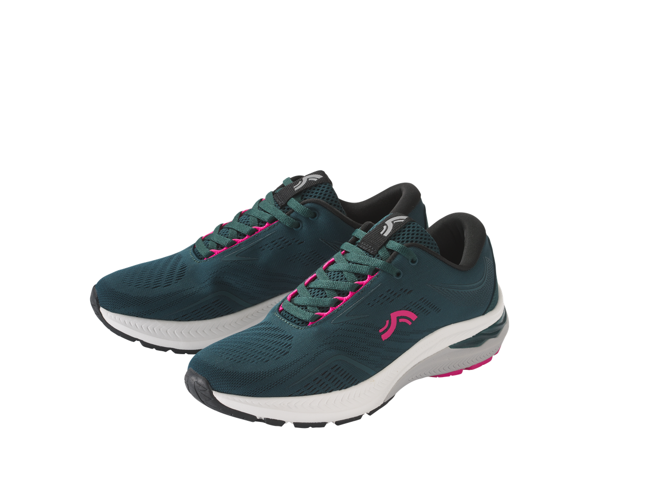A pair of dark teal running shoes.