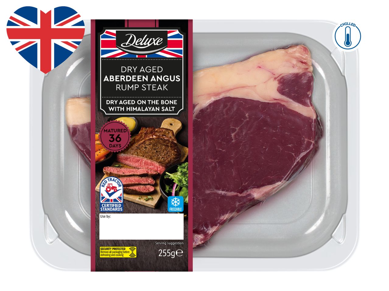 Packaged dry-aged Aberdeen Angus rump steak with a Union Jack heart and 'chilled' icon.