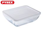 Rectangular glass food storage container with a translucent white lid.