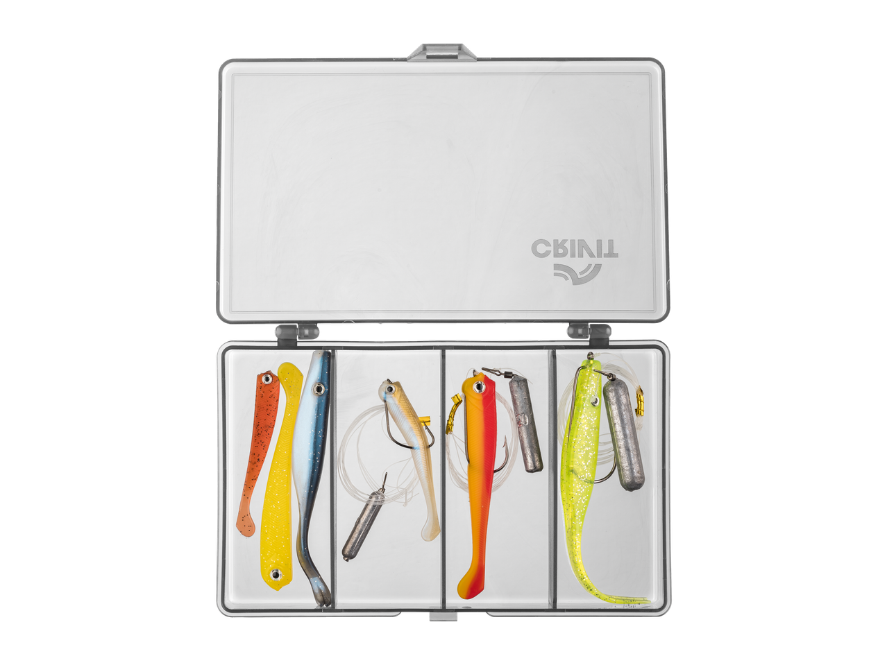 CRIVIT set varalica za pecanje sa šarenim mekim mamcima i tegovima, u otvorenoj kutiji.