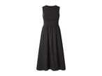 Black sleeveless maxi dress with a round neckline and gathered waist