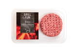 GRILL & FUN jautienos mėsainio paplotėlis pakuotėje, su ugnies motyvo etikete.
