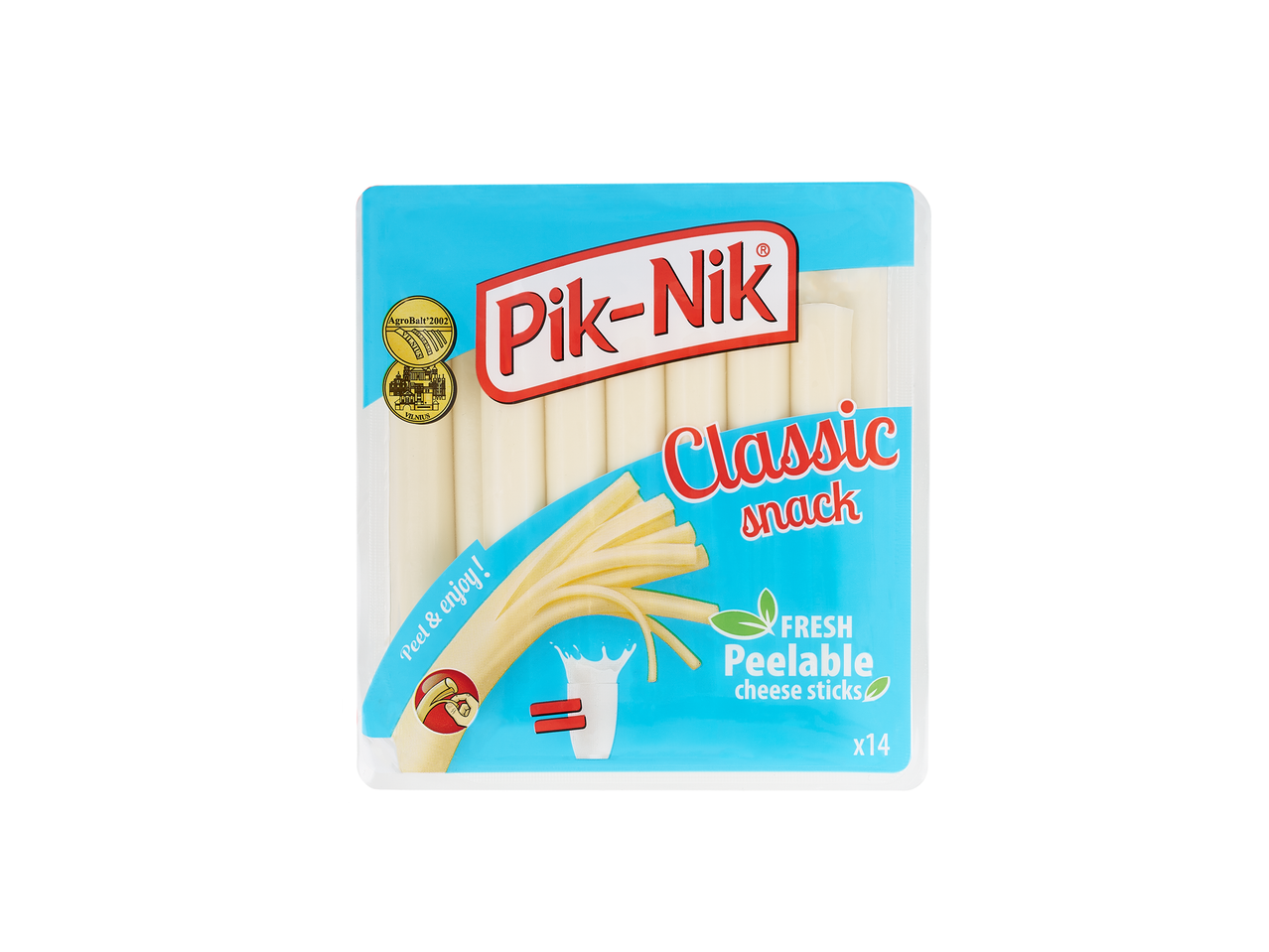 Pik-Nik Classic lupamos sūrio lazdelės mėlynai baltame įpakavime.