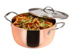 Copper pot with penne pasta, meat sauce, and green onions, with a lid resting on top.