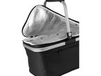 Black insulated picnic basket with an open lid and silver lining.