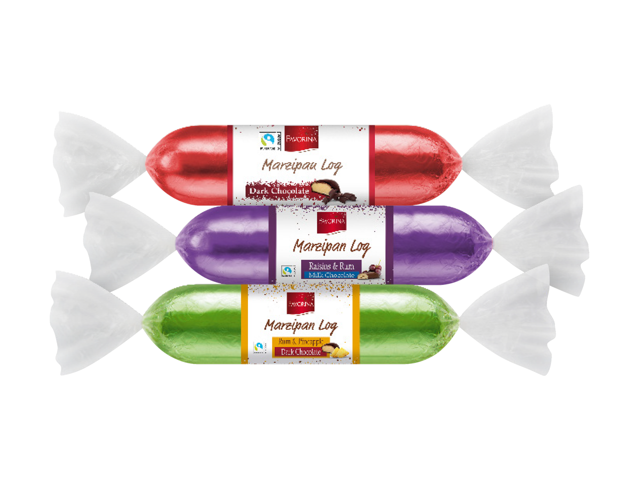 Three Favorina Marzipan Logs in red, purple, and green wrappers, with different flavors.