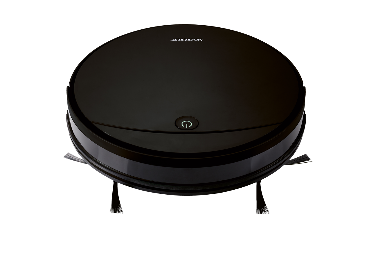 Aspirador robô Silvercrest preto com botão de energia iluminado.