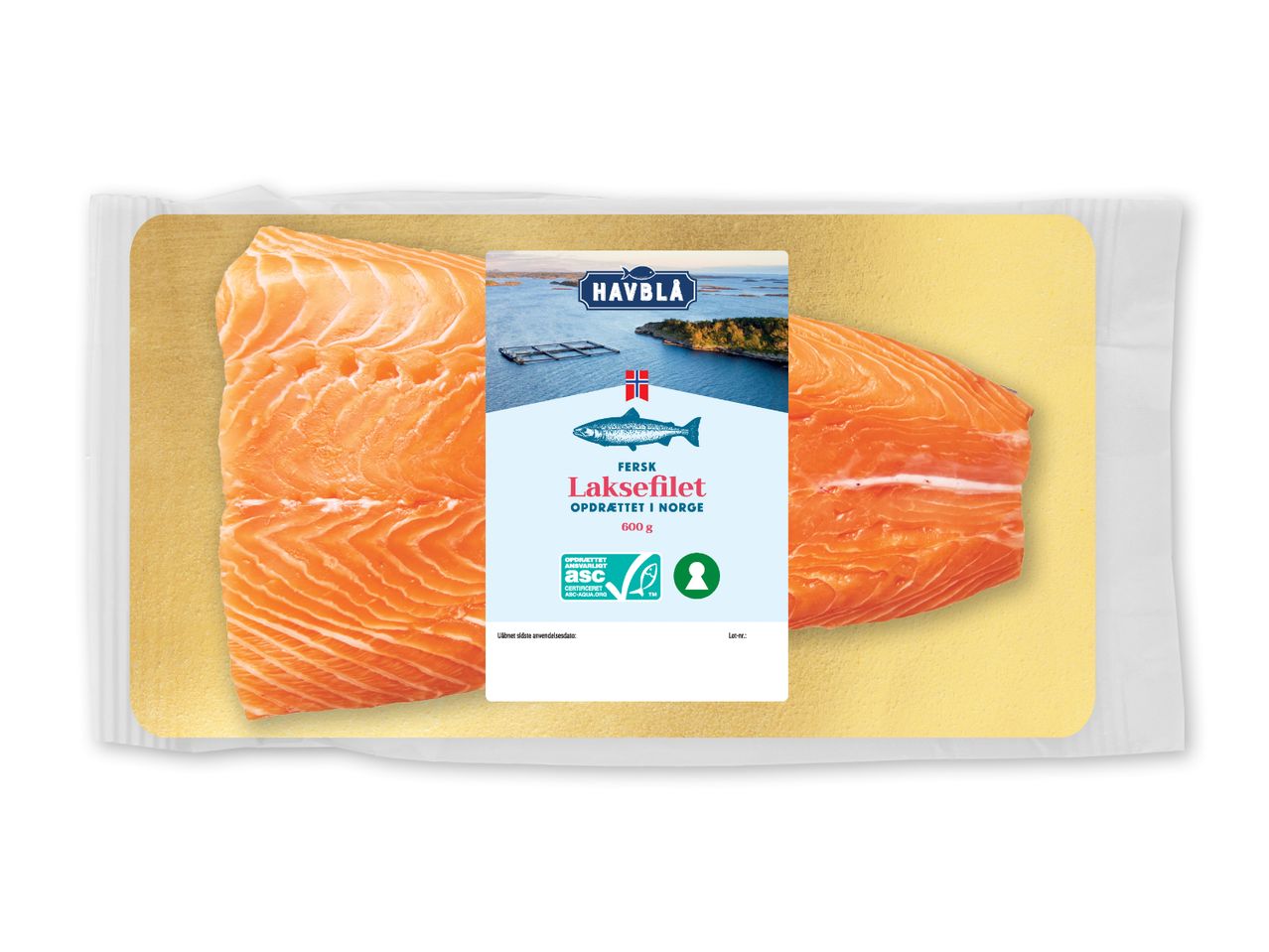 Fersk laksefilet i emballage, 600g, med ansvarlig opdræt-certificering.