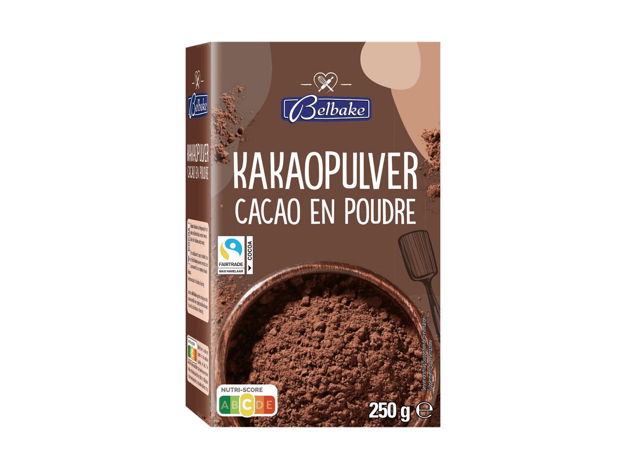 Cacao in polvere in confezione da 250g con logo Fairtrade e Nutri-Score.