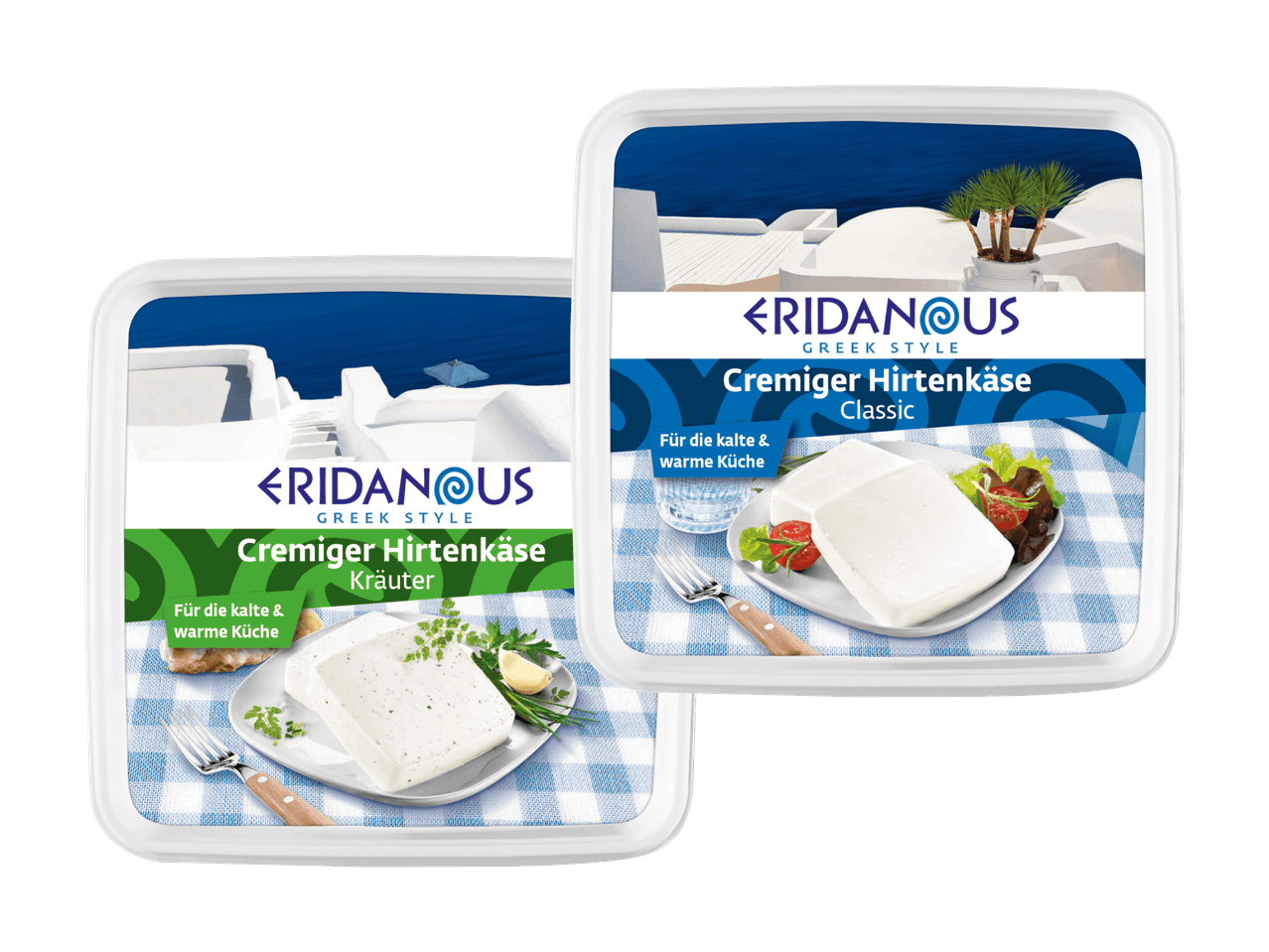 Zwei Packungen cremiger Hirtenkäse, eine Sorte 'Kräuter' und eine Sorte 'Classic', für kalte und warme Küche.