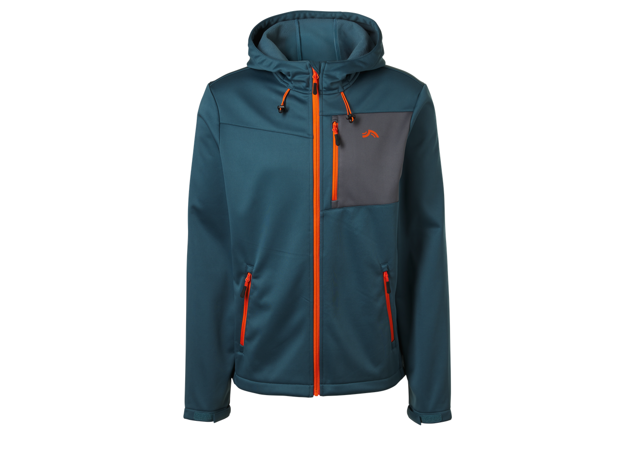 Vyriška tamsiai mėlyna softshell striukė su oranžiniais užtrauktukais ir detalėmis, pilka krūtinės kišene.