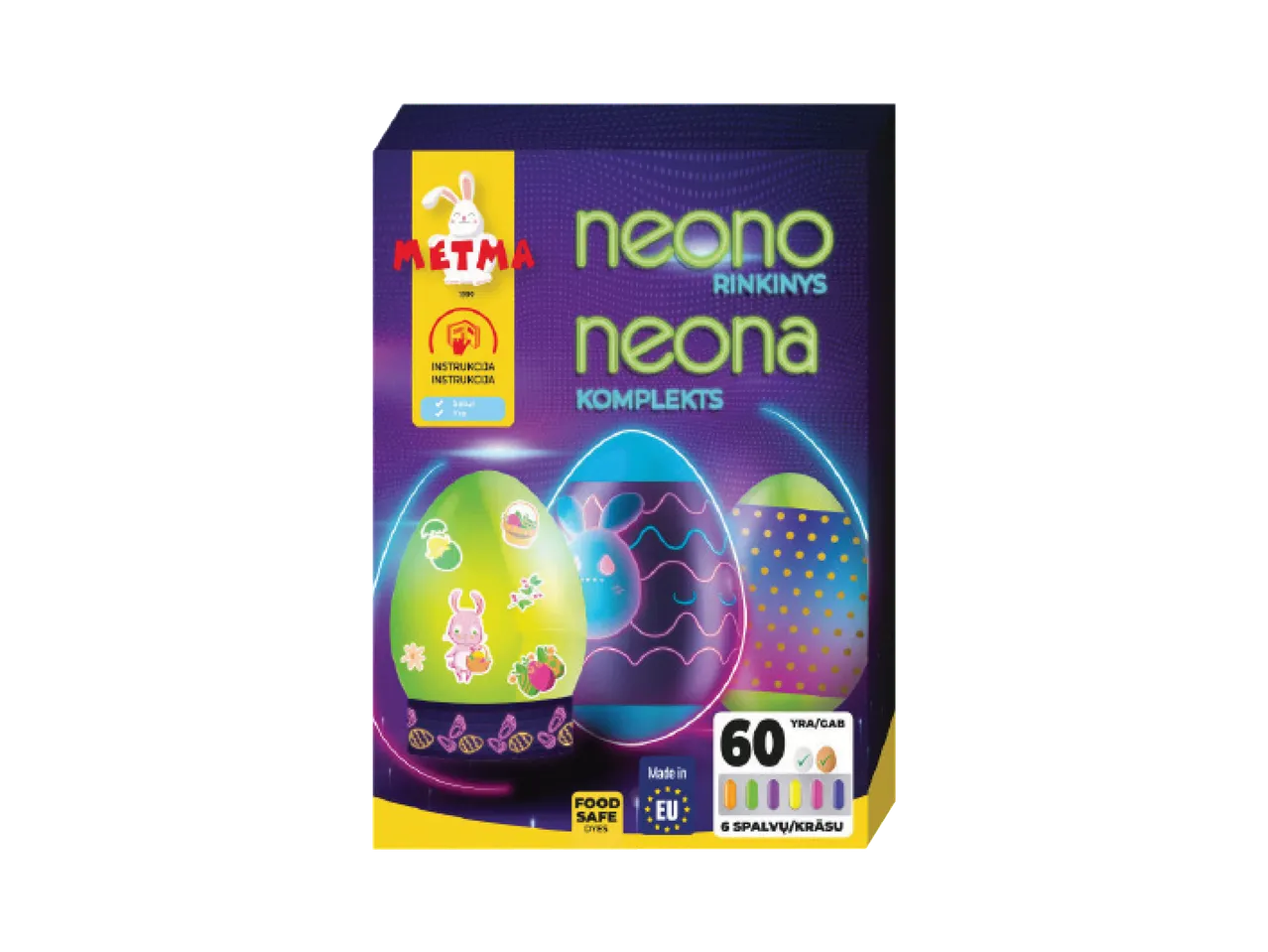 Neoninių kiaušinių dažų rinkinys su triušio logotipu ir 6 spalvomis.