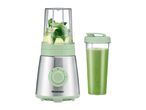 Personal blender with a cup of green smoothie and ingredients (spinach, pineapple) in the blending jar.