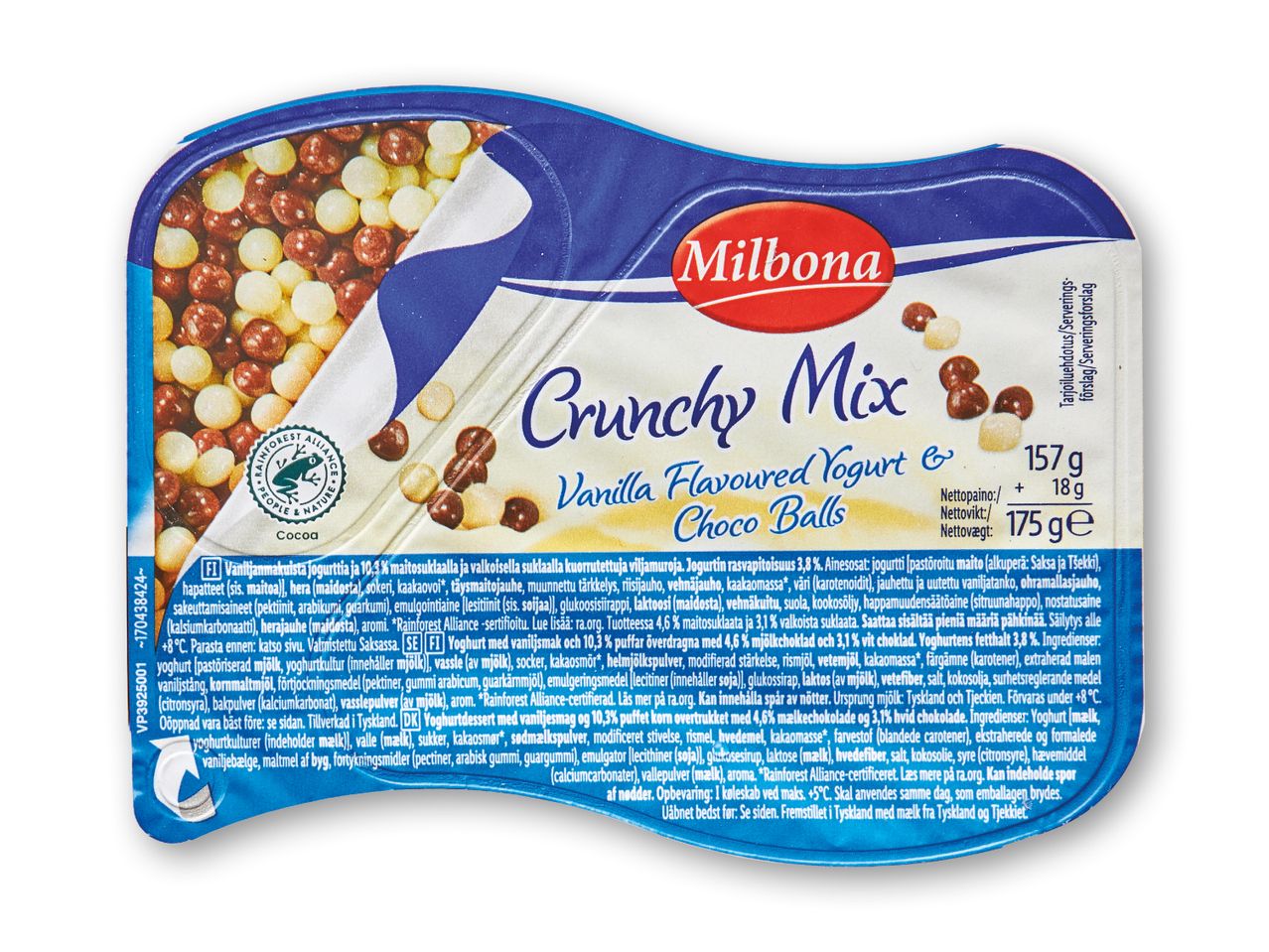 Milbona Crunchy Mix: Vaniljesmagt yoghurt med chokolade kugler.