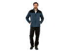 A man wearing a Parkside® men's fleece jacket in blue and black, with black work trousers.
