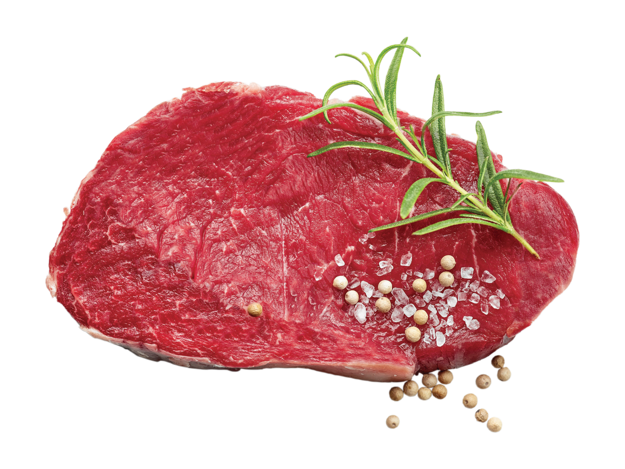 Raw beef steak with rosemary, salt, and peppercorns.
