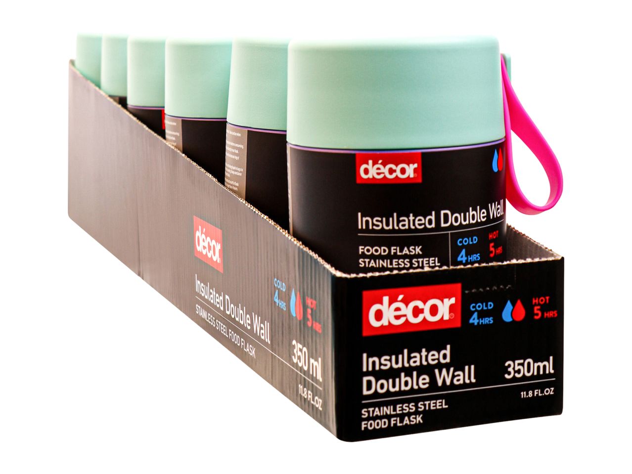 A display of insulated double-wall food flasks in light green and black, 350ml capacity.