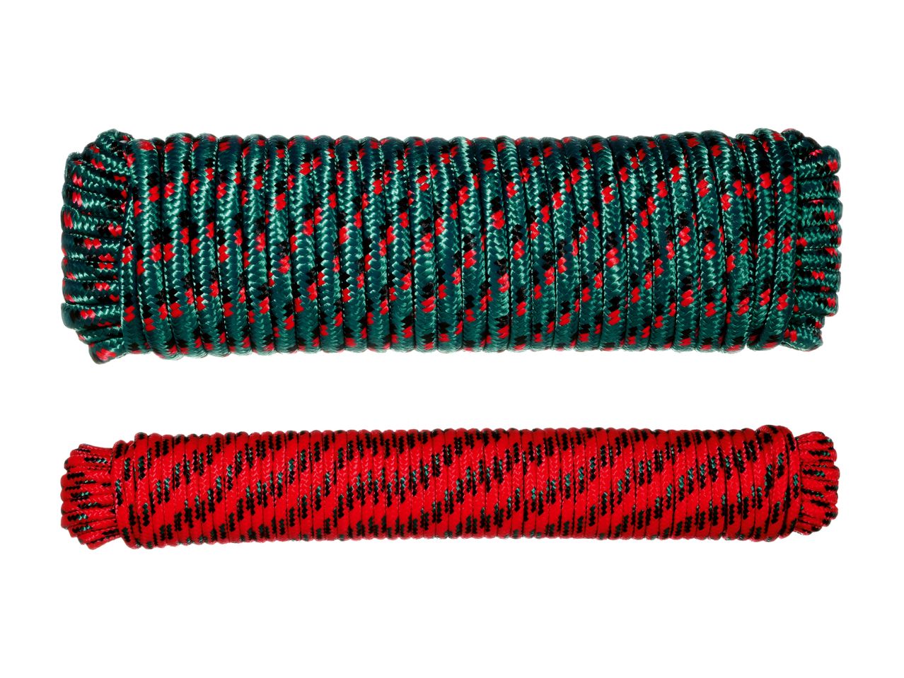 Due corde arrotolate, una verde e una rossa, su sfondo bianco.