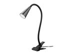 Black clip-on desk lamp with a flexible gooseneck and conical shade.