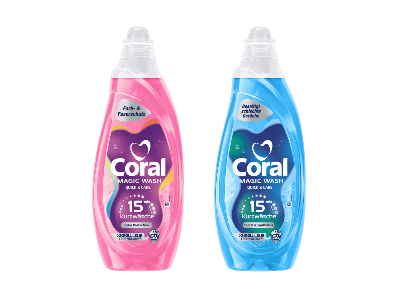 Zwei Flaschen Coral Magic Wash Waschmittel, eine pink für Farbschutz, eine blau für Sportkleidung.