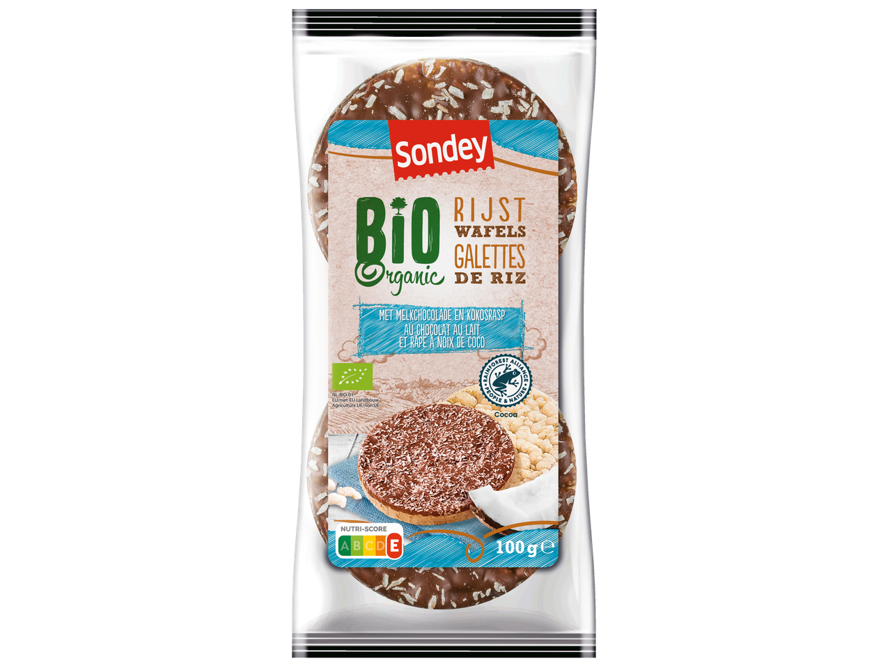 Sondey Bio rijstwafels met chocolade en kokos.