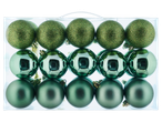 Conjunto de 15 bolas de Natal verdes LIVARNO home em três acabamentos diferentes.