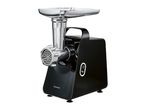 Black meat grinder with a silver feeding tray and grinding head, featuring power and reverse buttons.