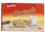 Bolachas Tostadas SONDEY com 71% de cereais, óleo de girassol e um copo de leite.