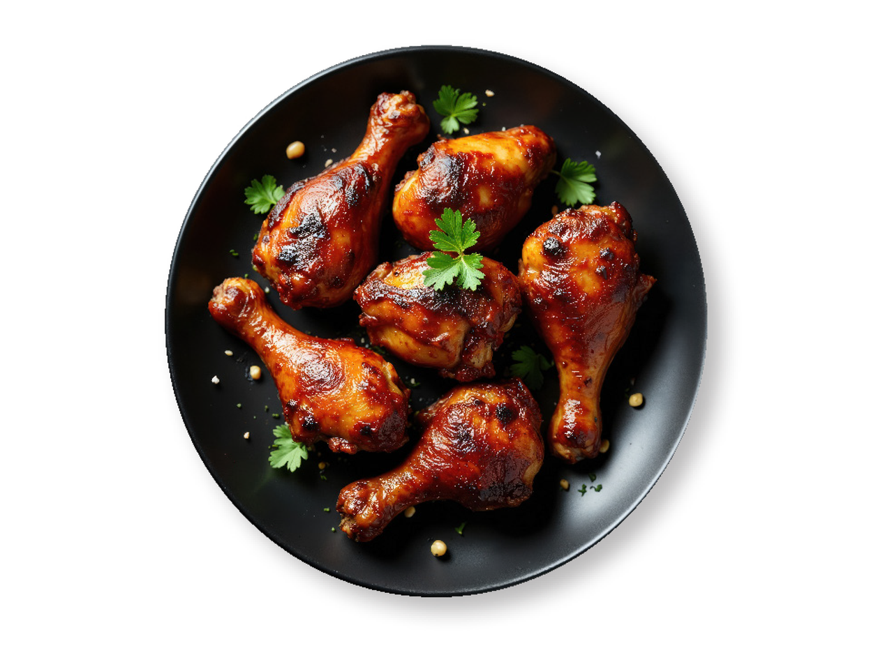 Cepti vistas stilbiņi ar garšvielām un pētersīļiem uz melna šķīvja.