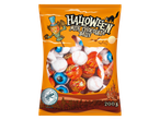 Halloween milk chocolate balls in a pumpkin-shaped bag with a scarecrow and haunted house.