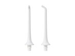 Two white water flosser nozzles, one straight and one angled, on a white background.