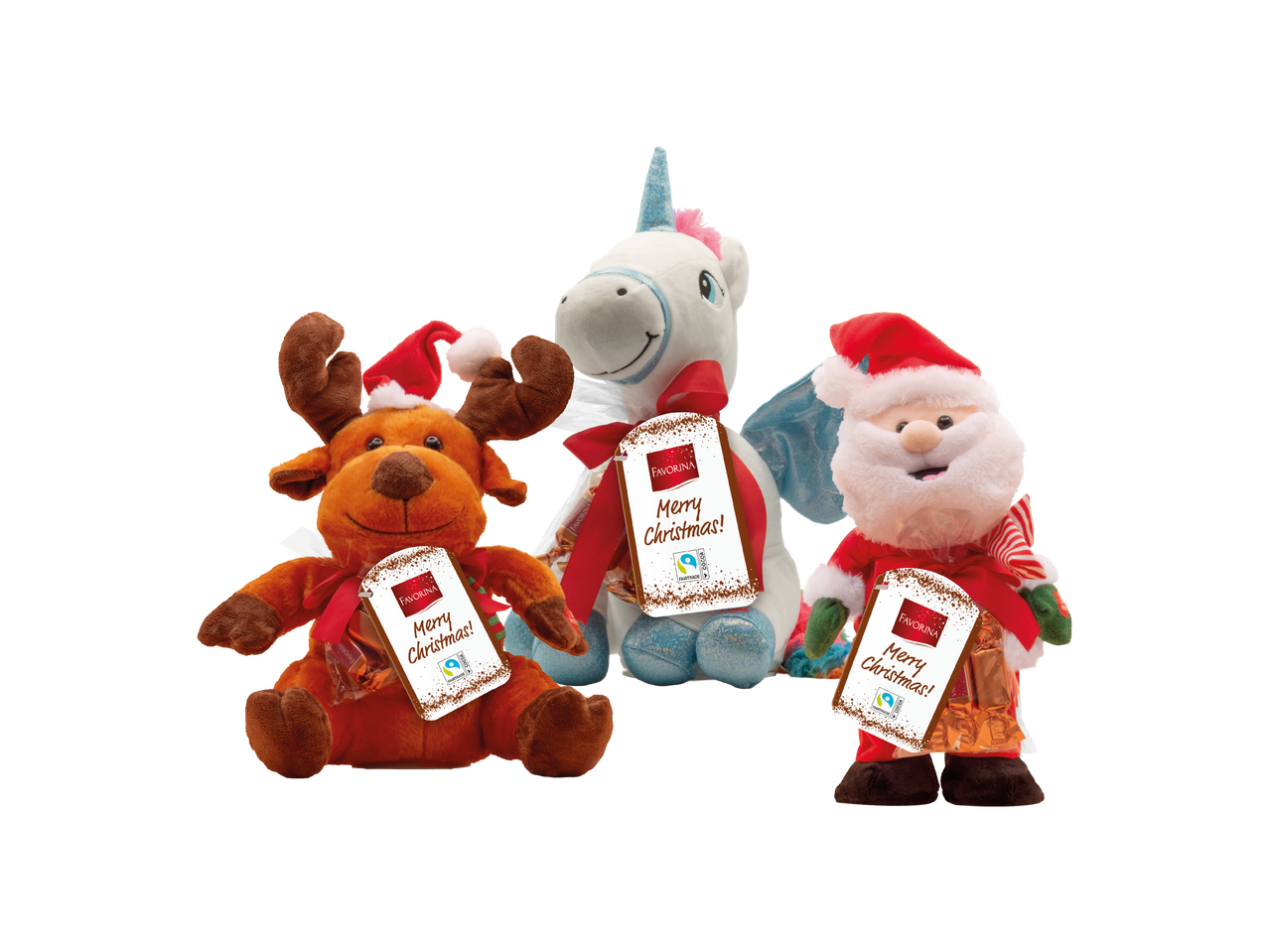 Plišani sob, jednorog i Djed Božićnjak s Favorina čokoladnim poslasticama i natpisom 'Merry Christmas!'