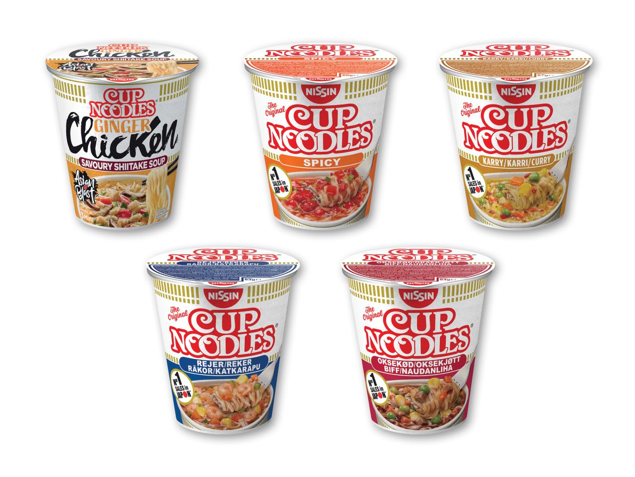 Fem forskellige Nissin Cup Noodles varianter vises.