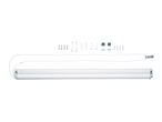 A white roller blind with a beaded chain and various mounting hardware, including screws, brackets, and wall plugs.